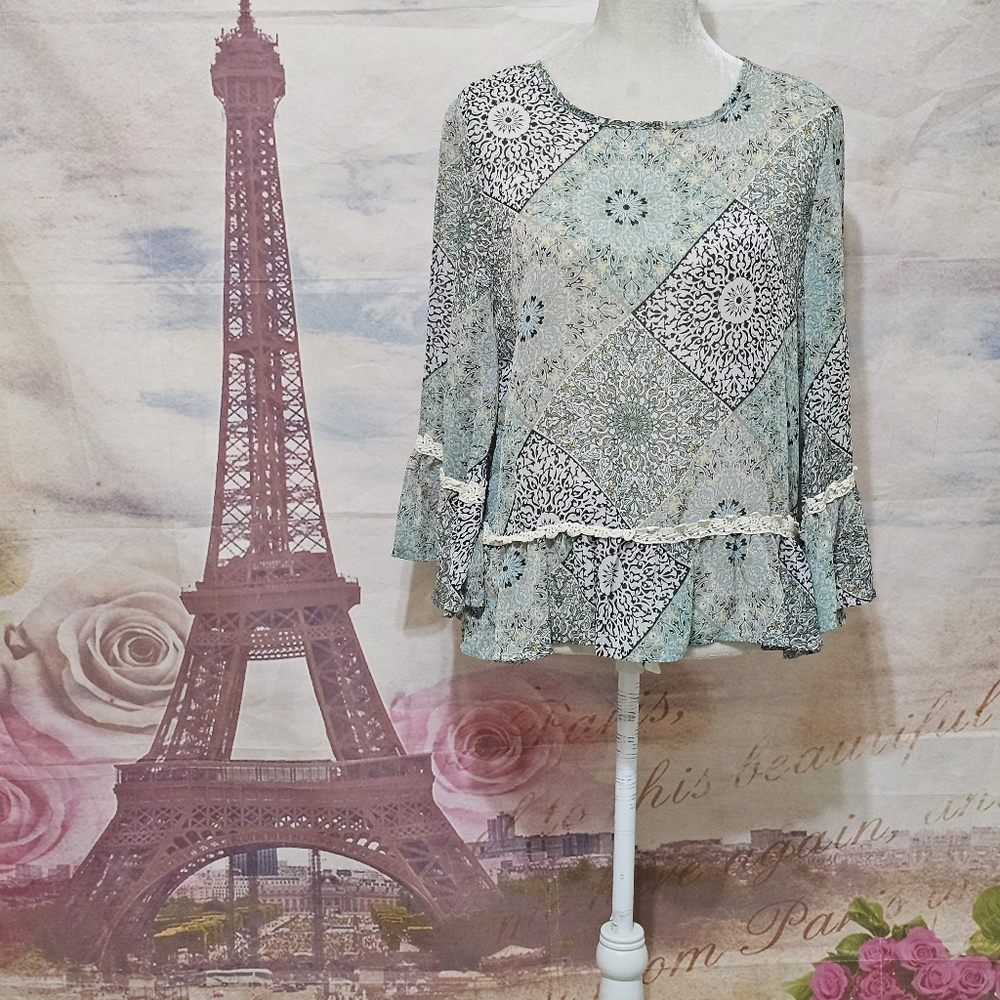 Melissa Paige Blue and White Patchwork Blouse